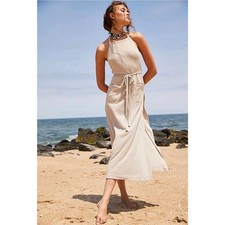Free People FP Beach Cooper Linen Wrap Tie Waist Halter Dress Cream Beige Small