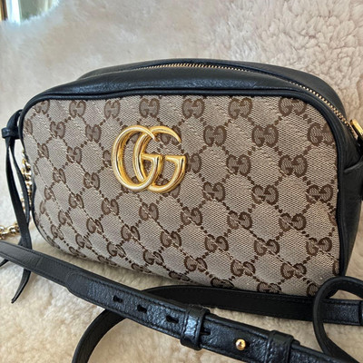 Gucci GG Marmont Supreme Canvas Leather Chain Shoulder Bag Beige Black
