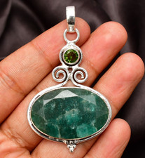 Emerald Gemstone 925 Sterling Silver Handmade Pendant Jewelry Approx - 1.77"
