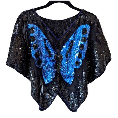 Butterfly Sequin Poncho Top Size S / M 90s 70s Disco Glam Festival Party Costume