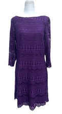 Eliza J Dress Sz 8 Purple Lace 3/4 Sleeve Midi Lined Shift Party Cocktail