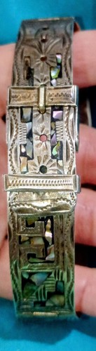 Vintage Taxco Mexican Sterling Silver 925 Abalone Inlay Watch Band Signed. Wow!