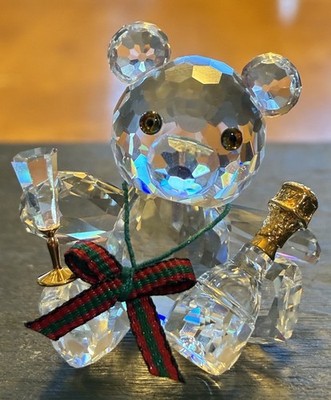 Miniature Swarovski Crystal  Kris Bear  Figurine with Champagne bottle and flute