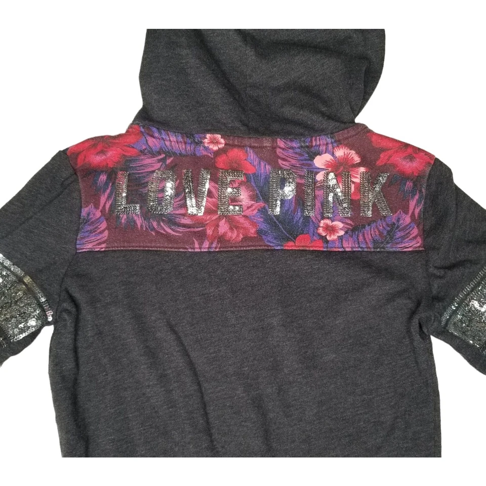 粉色 VS Victorias 秘密亮片闪亮连帽衫全拉链灰色花卉 XS y2k — 第 4/4 张图片