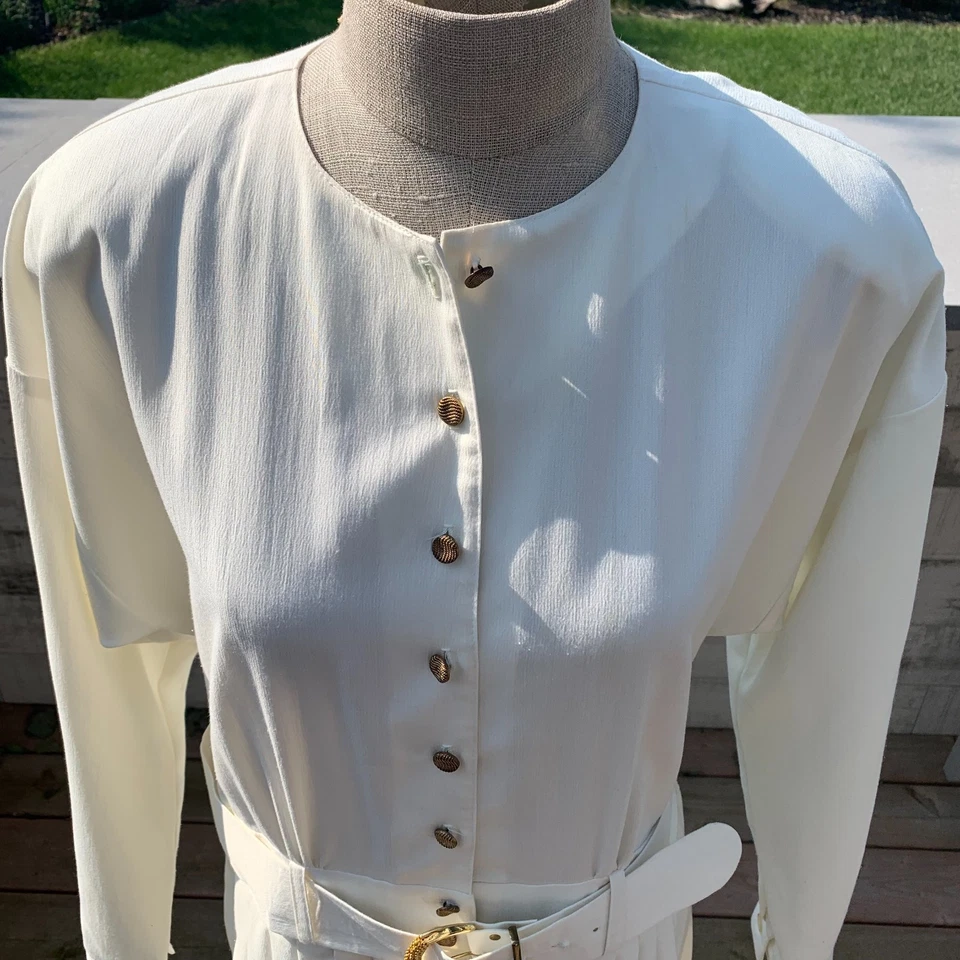 Vintage 80s Button Front Midi Dress 16 Cream Elastic Waist Belt Pleats Pockets - Image 3 of 4