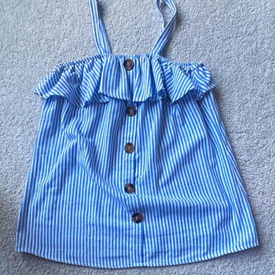 Mariposa Morada Women s Blue White Striped Woven Cotton Ruffle Button Tank L