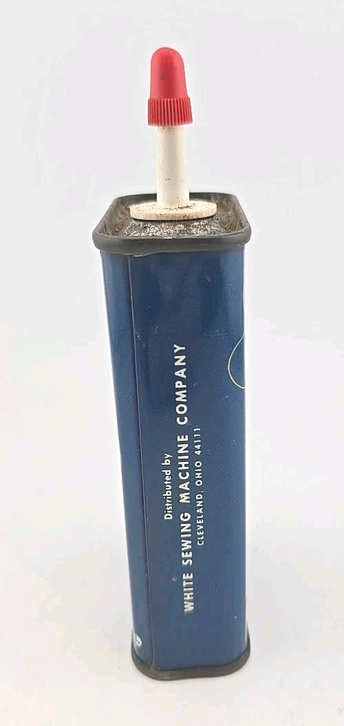 Vintage White Sewing Machine Oil Blue White Yellow Metal Can w/oil
