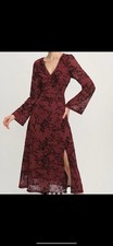 Burgundy Floral V-Neck Flared Long Sleeve Fit & Flare Midi Dress with Slit