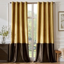 Gold Brown Velvet Curtains 102 inch Color Block Luxury Elegant Modern Living ...