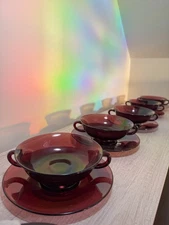 Fry Glass Co. Amethyst 3101 Double-Handled Cream Soup Bowls & Saucers Set Of 5