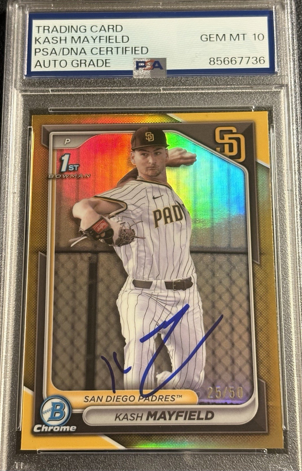 Kash Mayfield Signed 2024 Bowman True Gold Chrome 1st /50 PSA 10 Auto BDC-70