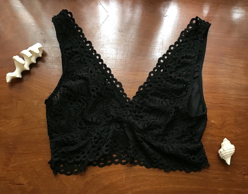 Black Lace Bralet Crop Top V Beck Elastic Medium Sexy Midriff Festiv $4 EXPRESS 