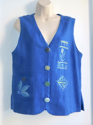 Vtg Nancy Bolen for City Girl Petites Linen Floral Art Vest Button Trim, Blue XS