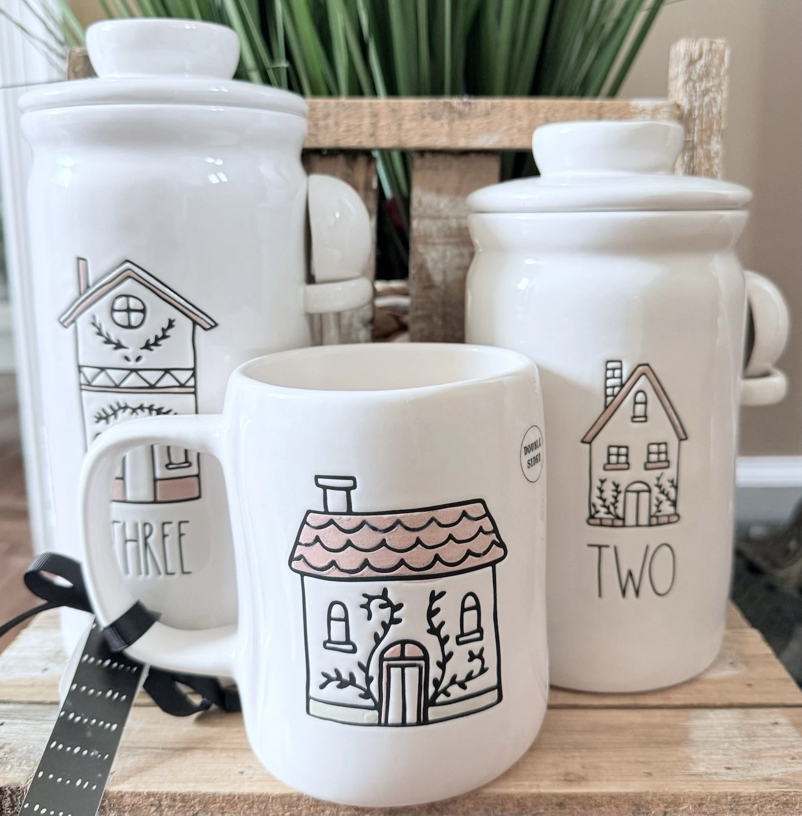 NEW Rae Dunn TWO, THREE Home Cottage Scene Canisters Set w/Ceramic Spoons & Mug