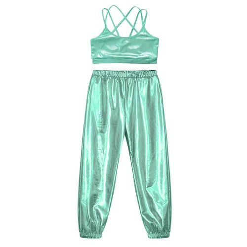 Kids Girls Set Shirts Outfits 2 Piece Dancewear Athletic Suit Shiny Metallic - Picture 5 of 38
