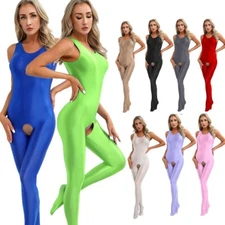 Womens Shiny Glossy Full Body Bodysuit Sleeveless Open Crotch Footed Jumpsuits 