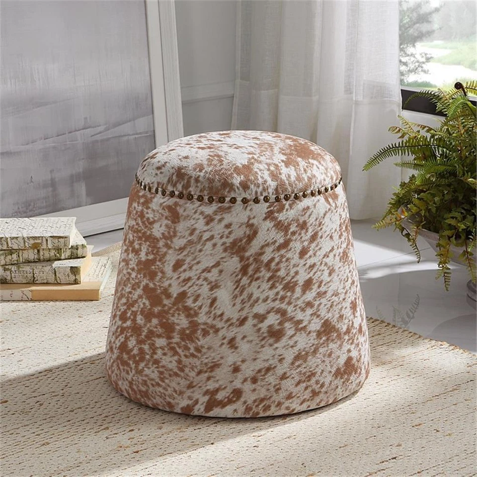 Uttermost Gumdrop Farmhouse Wood and Fabric Ottoman in Chestnut and White - Image 3 of 4
