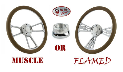 14'' Polished Billet Flame Or Muscle Style Wheel, Tan Vinyl Half Wrap Full Kit!