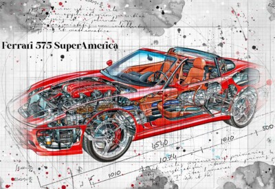 Line Tech Zeichnung Ferrari 575 SuperAmerica Cutaway Kunst Poster Druck