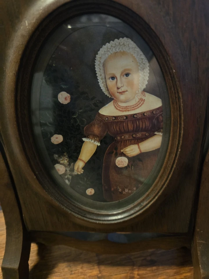 Auténtico marco de madera Art Deco impresión giratoria niña primitiva con gato por Emma Homan Foto 2 de 4