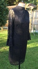 SIZE 18 STRETCH BLACK LACE PENCIL DRESS HIGH NECK FLARED SLEEVES OPEN SEXY BACK 