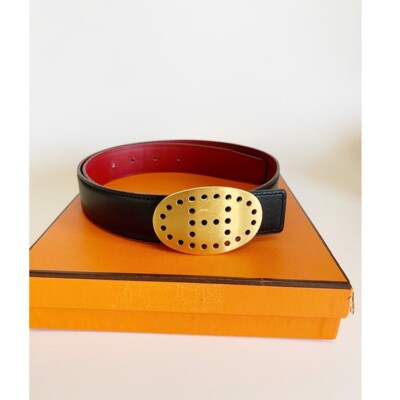 Authentic Hermes Black and Red Belt with Silver H Buckle Authentic Preowned Hermes Black/ Orange Leather Martelee H  main image 2