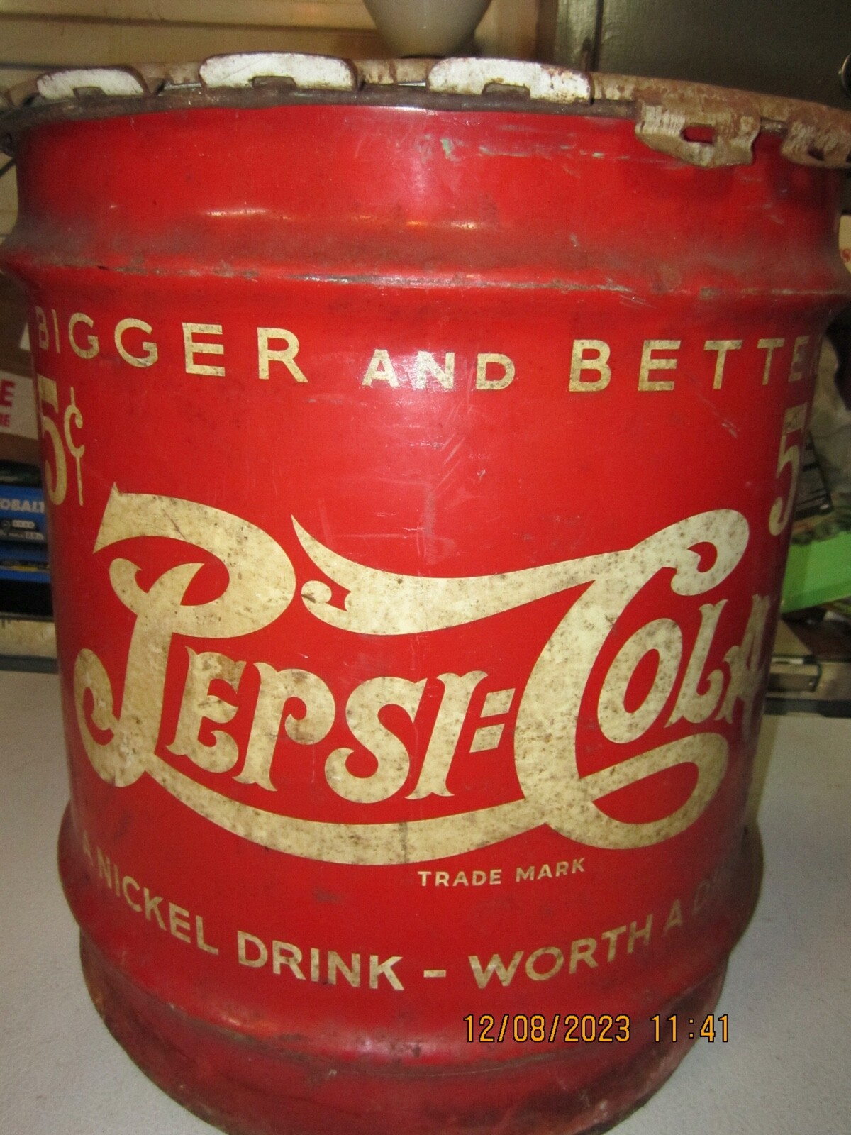 PEPSI COLA STEEL DOUBLE DOT 5 GALLON SYRUP CONTAINER,MARKED OSHKOSH
