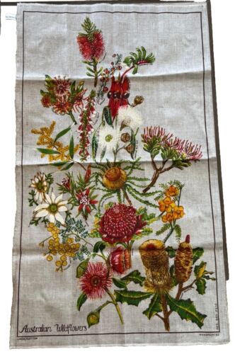 VTG Australian Linen Tea Towel DISH KITCHEN Wall Hang Flowers PLANTS Poland NOS