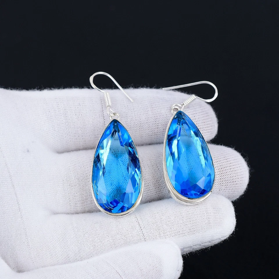 Topazio Blu Gemma Orecchini Argento Fatto a Mano 925 Sterling per Lei - Immagine 2 di 4