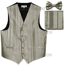 New Men's Tuxedo Vest Waistcoat Stripes Bowtie Hankie formal prom party Silver