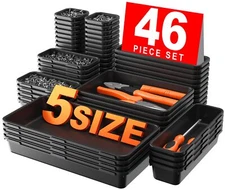 46Pcs 5 Size Tool Box Organizer Tray Divider Set, Black Desk Drawer Organizer, G