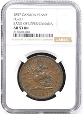 1857 Canada Bank of Upper Canada 1 Penny Token, NGC AU 53, Charlton PC-6D