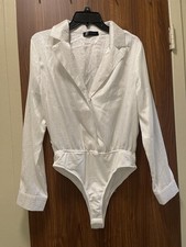 Women's White Long Sleeve Collared Solid One Piece Bodysuit Regular Size Opaque