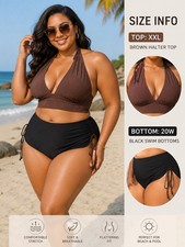2-Piece Swimsuit Brown Top Black Bottom 20W Plus Size Adjustable Tie New