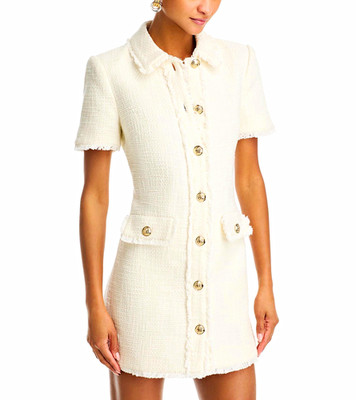 Cinq à Sept White Tweed Button Front Fringe Mini Shift Dress w/ Pockets, 8