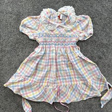 VTG Girls 6 Dress Frocks Baby Full Circle Lace Trim Long Sleeve Checks Colorful