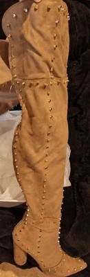 New Venus Faux Suede Thigh High Gold Studded High Heel Boots SZ8