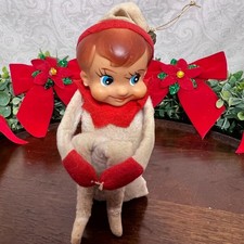 Vtg 1950 MCM Japan Knee Hugger Xmas Elf White Red Pixie Figurine Shelf Sitter