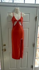 Women's Orange Cutout Slit Sleeveless Bodycon Midi Dress Size S