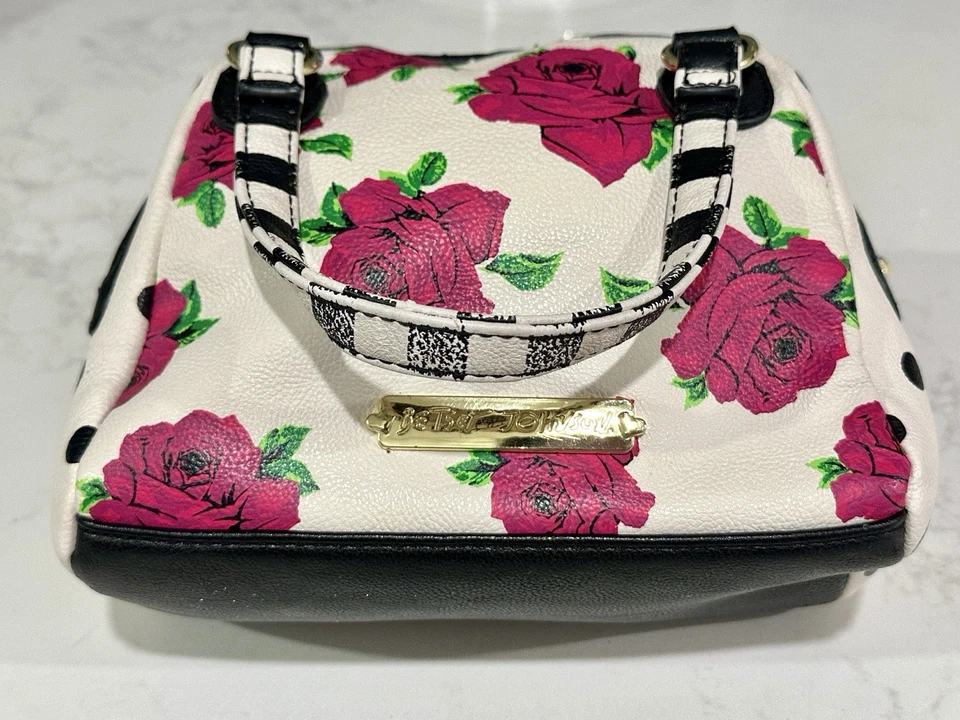 Винтажный Betsey Johnson роза печать сумочки черный бант сумка износ на ручки - Изображение 3 из 4