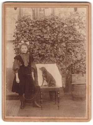 Photograph Young Girl in Velvet Dress with Her Dog in Chair, 1908 