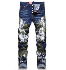 Men's Blue Denim Jeans Printed Straight Leg Stretch Casual Punk Hip Hop Trousers
