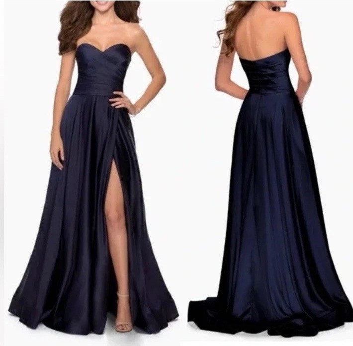 LA FEMME Navy STRAPLESS Sweetheart PLEATED Satin HIGH SLIT Evening BALL GOWN