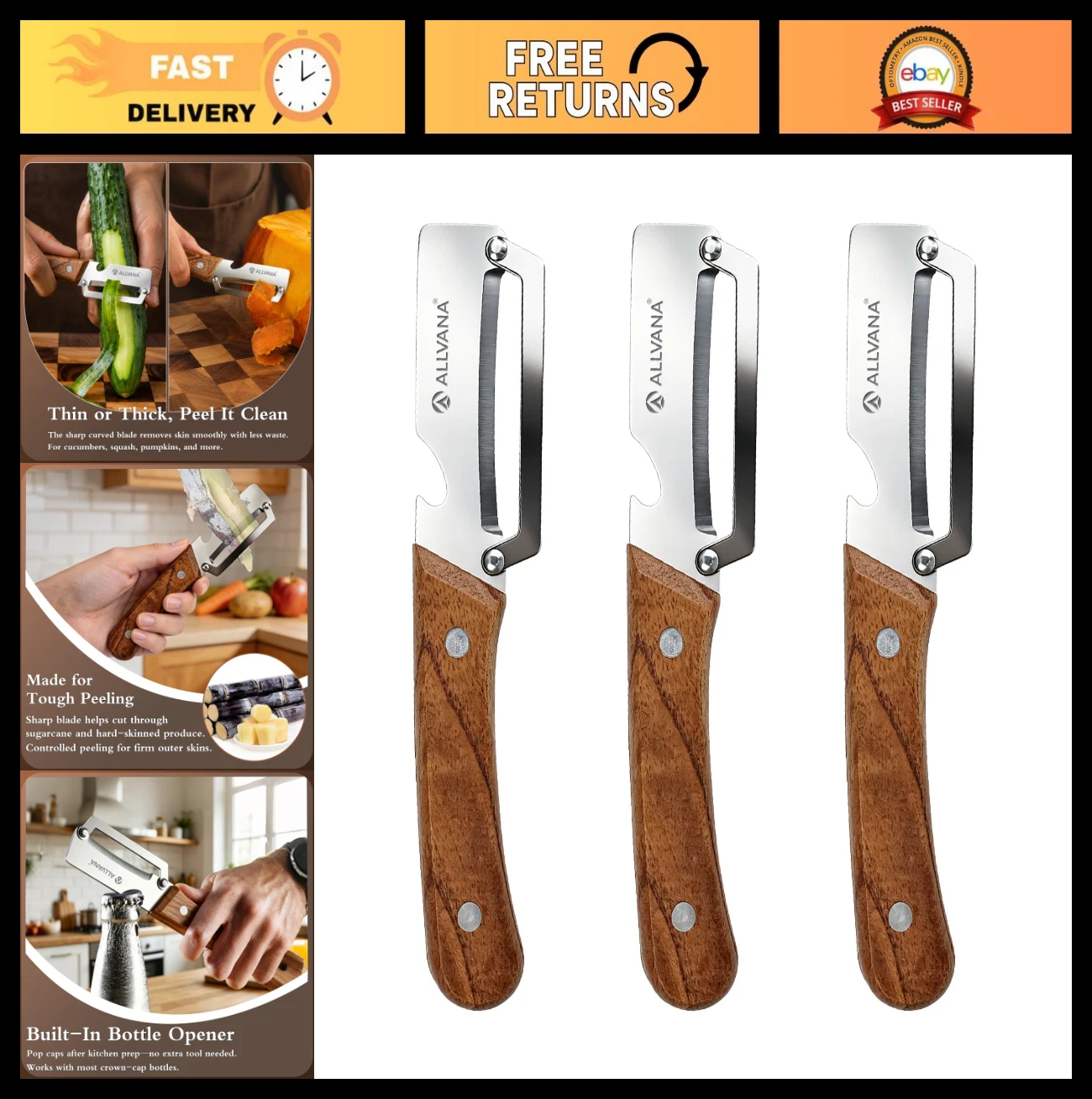3-Pack Stainless Steel Vegetable Peelers with Wooden Handles - Multi-Functional