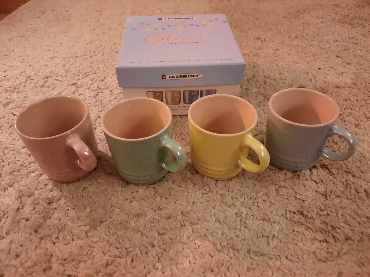 Le Creuset Pearlised Pastel Espresso Mugs Cups Set of Glace Collection  RARE