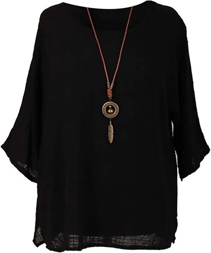 NEW Womens Italian Plain Cotton Ladies Lagenlook Summer Shirt Necklace TOP - Picture 3 of 23