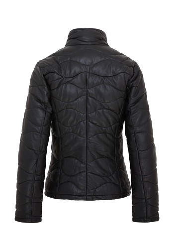 Womens Black Leather Puffer Jacket Warm Quilted Classic Bomber Jacket - Picture 4 of 6