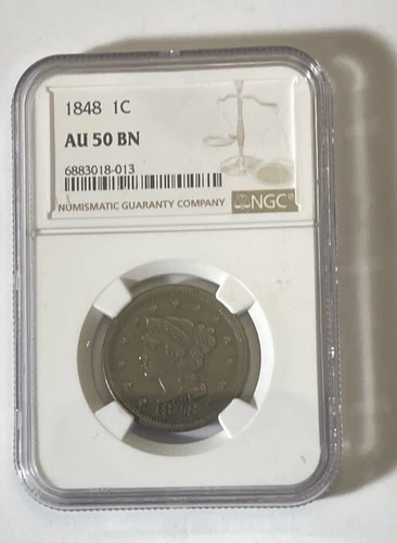 1848 1C BN Braided Hair Cent-NGC AU 50