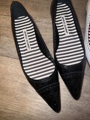 Manolo Blahnik PETUNIA Brogue Leather White /Black Flats Shoes