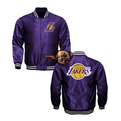 Los Angeles Lakers NBA Purple Satin Bomber Varsity Jacket and Purple White Rib